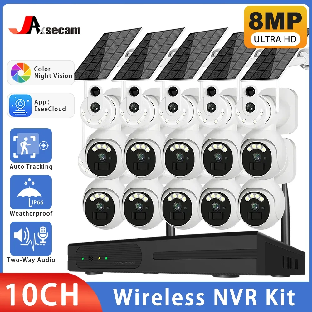 4K 8MP Wifi Surveillance Dual Lens Solar PTZ Cameras Kit 10CH NVR Security System Wireless Two Way Talk CCTV Set Auto Tracking