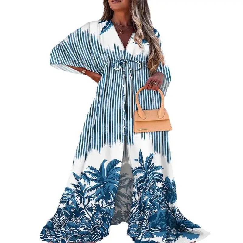 فستان صيفي 2025 بياقة على شكل V مع طباعة وأكمام ثلاثة أرباع وخصر مرتفع وتنورة على شكل حرف A بأسلوب عملي أساسي