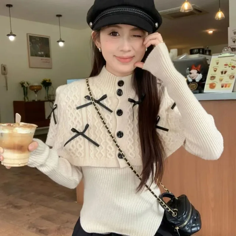 

Women Clothing Spring Autumn Fashion Casual Button Bow Solid Color O-neck Female All-match Temperament Sweater Pullovers Top Tee