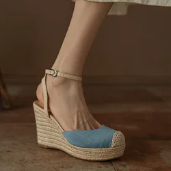 Espadrilles Wedges Sandals Shoes for Women Summer Canvas High Heels Platform Rope Denim Sandals Ankle Strap Fisherman Shoes Blue