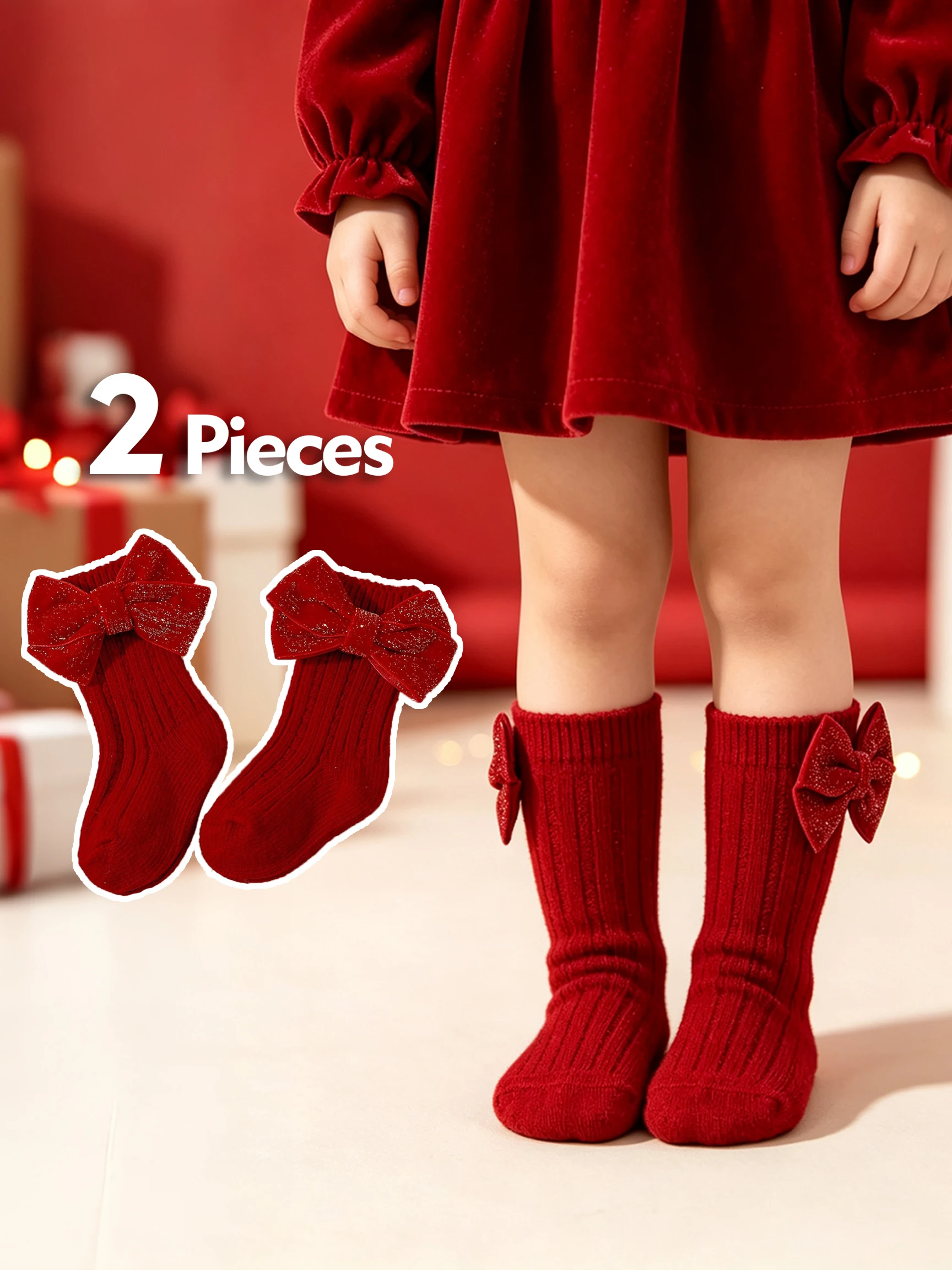 2Pcs Girls Red Knit Mid Calf Socks Bow Decor Autumn Winter Festive Socks for Kids Christmas New Year Celebration Daily Outfit