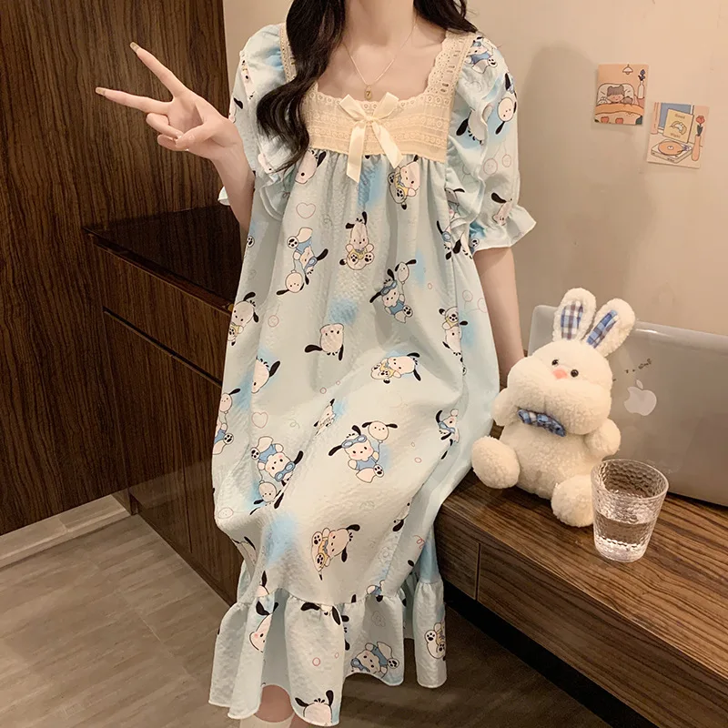 

Sanrio HelloKitty Pajamas Pochacco Summer Short-sleeved Lace Skirt Women's Loose Sweet Nightgown Home Clothes Women's Outer Wear