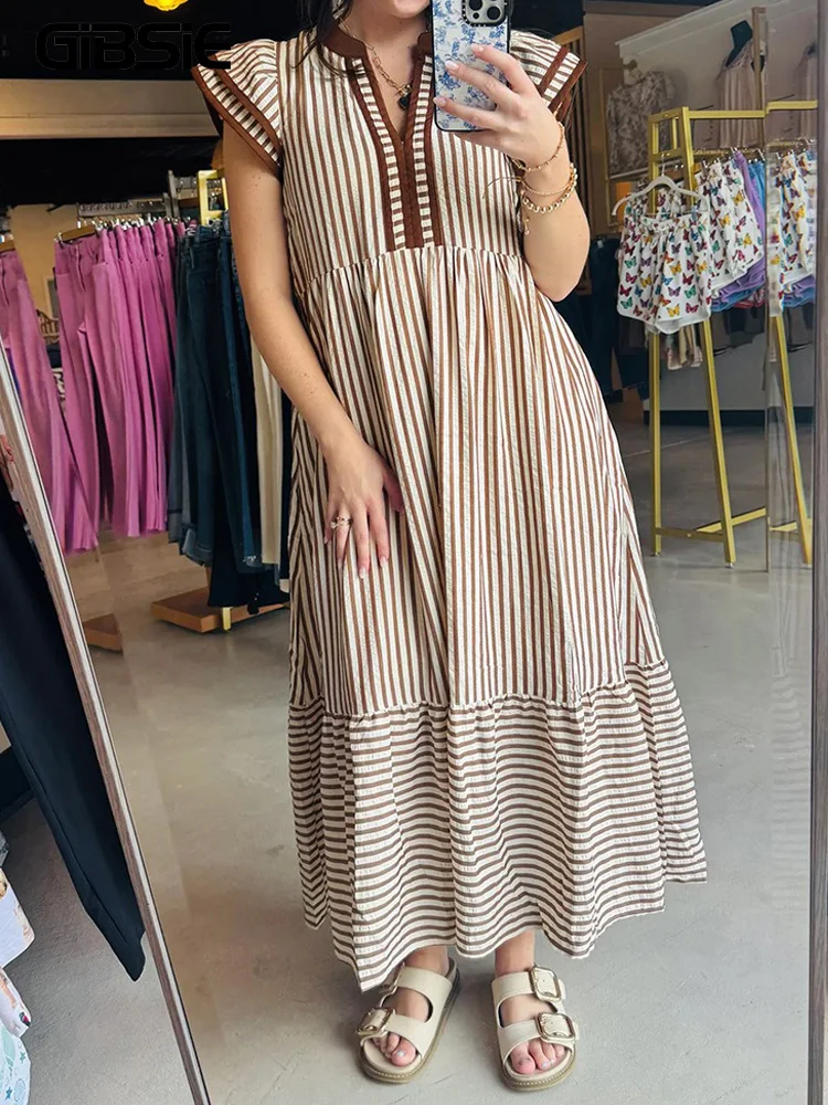 

Летнее платье GIBSIE больших размеров в полоску с вырезом-лодочкой и оборками по низу, женское, 2026, с рукавами-воланами, карманами, повседневное, для отпуска, длинное макси-платье