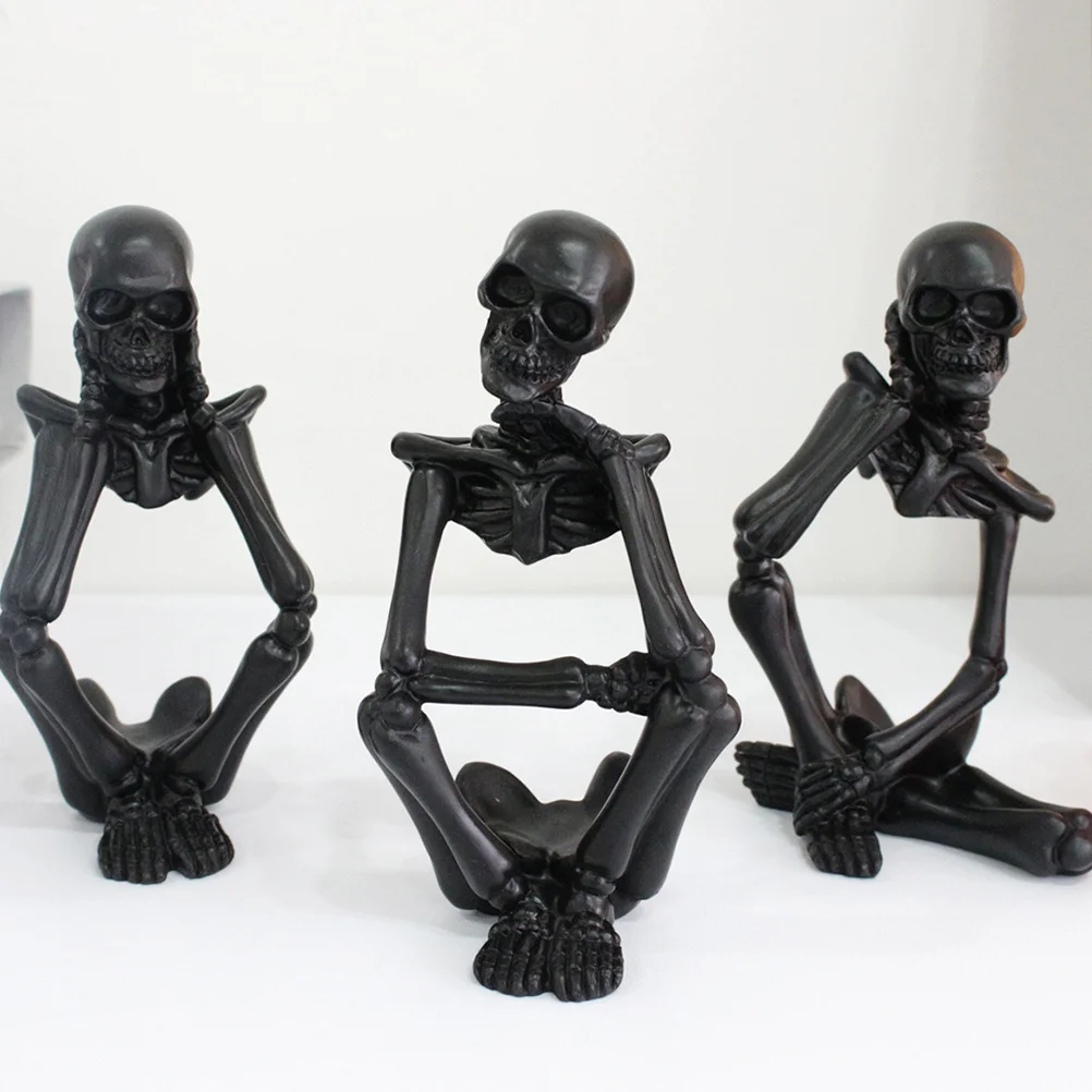 

3pcs Resin Statue Thinker Halloween Desktop Ornament Party Decoration Home Office Table Craft Bone Art