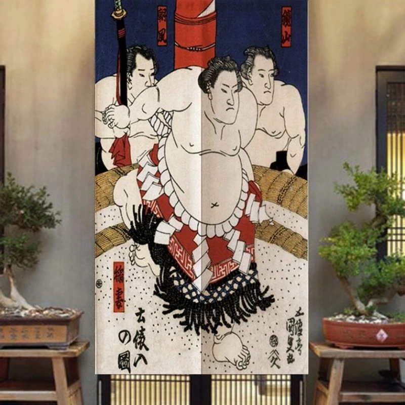 Sumo Dohyo Art Noren Curtain, Japanese Style Ukiyo-e Print, Artistic Room Divider With Sumo Wrestler & Traditional Dohyo Details