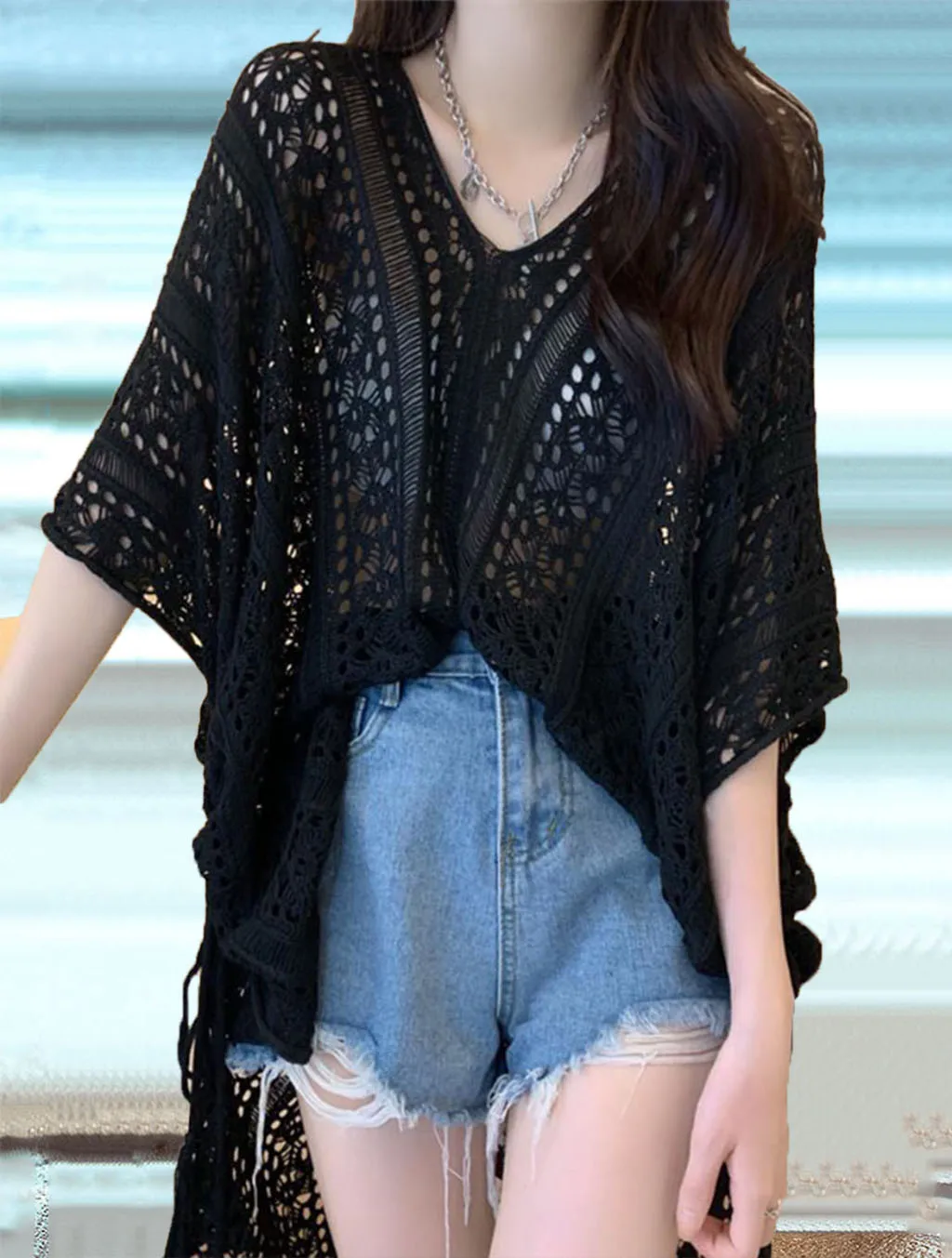 Costumi da bagno da donna Copricostume da spiaggia in pizzo all'uncinetto Costumi da bagno bikini Copricostume lavorato a maglia Costume da bagno da donna con scollo a V Costumi da bagno con spacco laterale