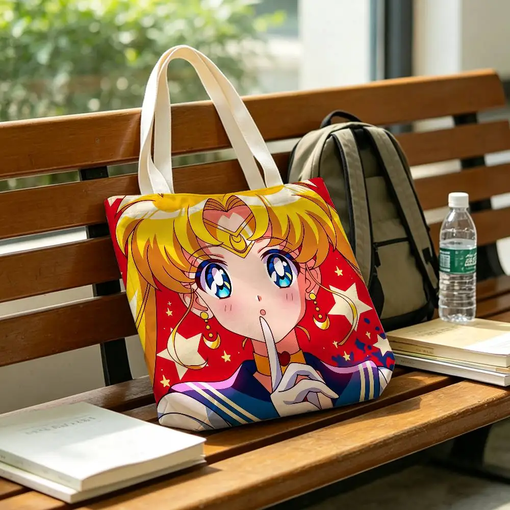Anime S-Sailor Moon Tsukino Usagi Large Capacity Cotton Polyester Shoulder Tote Bag Zipper Handbag for Shopping Daily 2