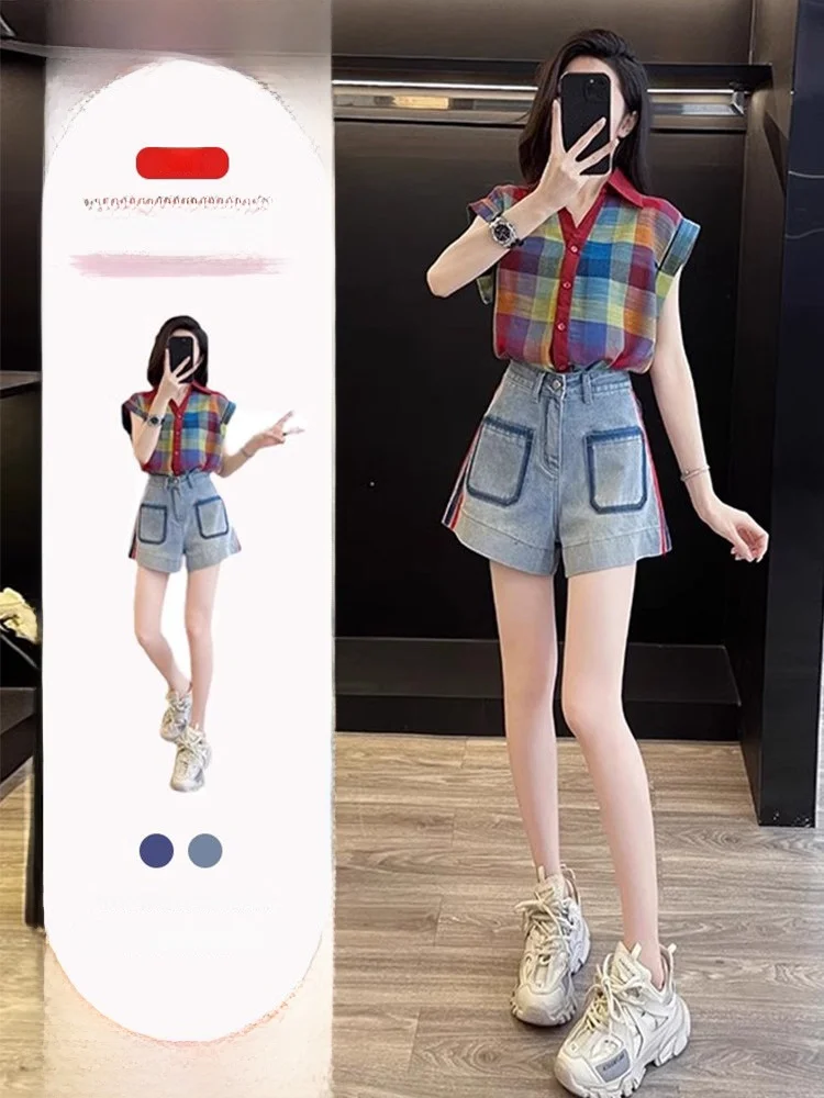 

Summer Casual Plaid Shirt And High Waist Shorts Women's Fashion Set with Color Block Small Flying Sleeve Vintage Style Two-Pi...