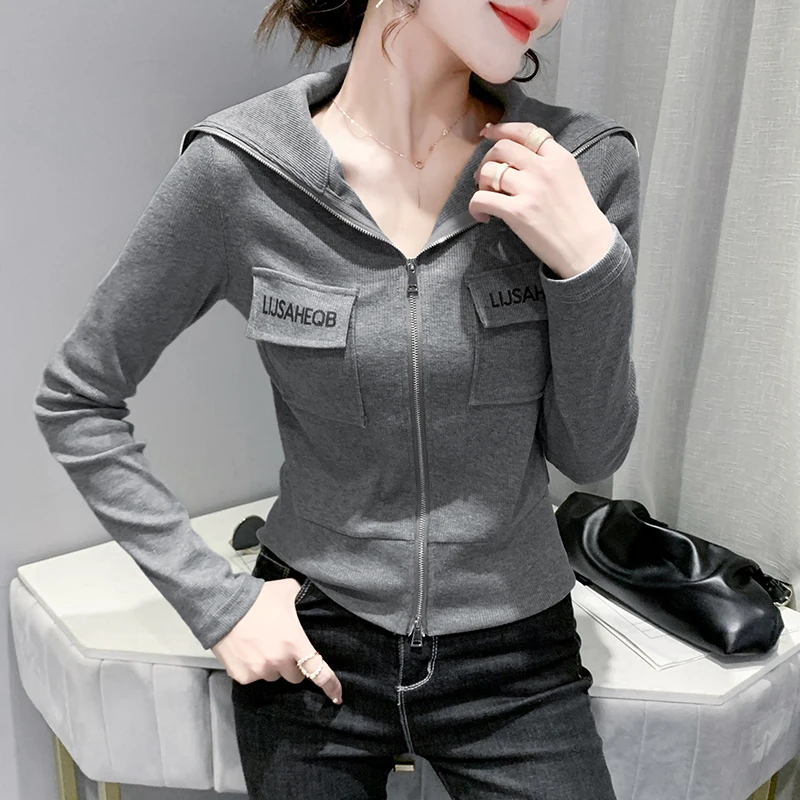 

Fall Winter Korean Clothes Cotton Coat Fashion Sexy Pockets Print Zipper Pullover Hoodie Women's Tops 2022 New Short Jacket 0096