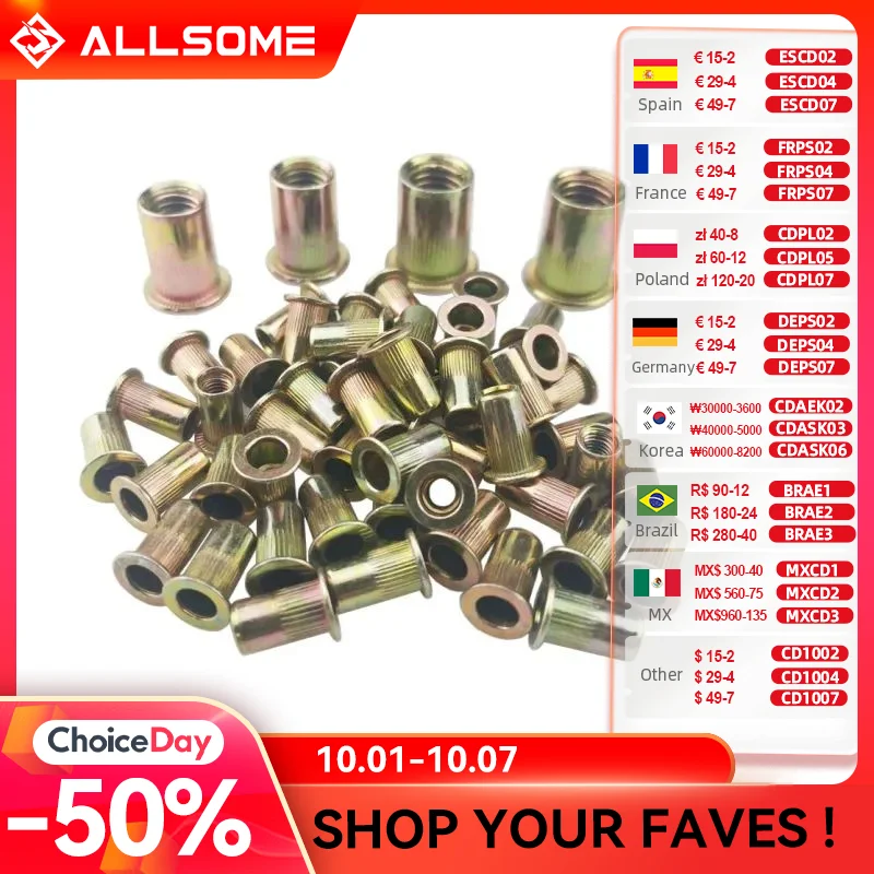 ALLSOME 300 stks M3 M4 M5 M6 M8 M10 Hoofd Klinknagel Noten Set Noten Insert Reveting Multi Size Klinknagel Noten Collocatie met DOOS HT2599