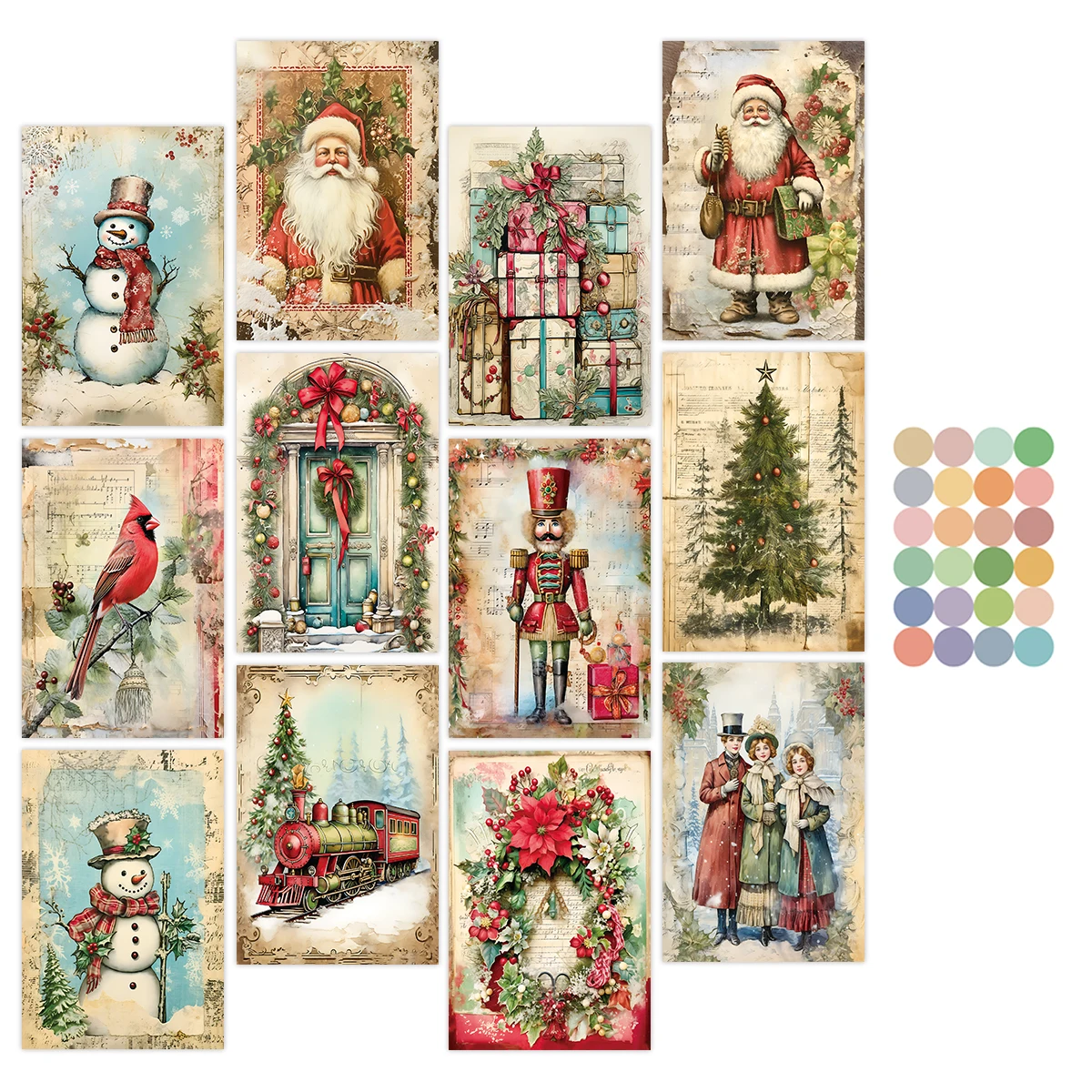 12pcs Christmas Wall Cards With Stickers-Retro Decorative Cards With Snowman,Santa For Home Wall Decor,Diy Crafts​,Party Invite