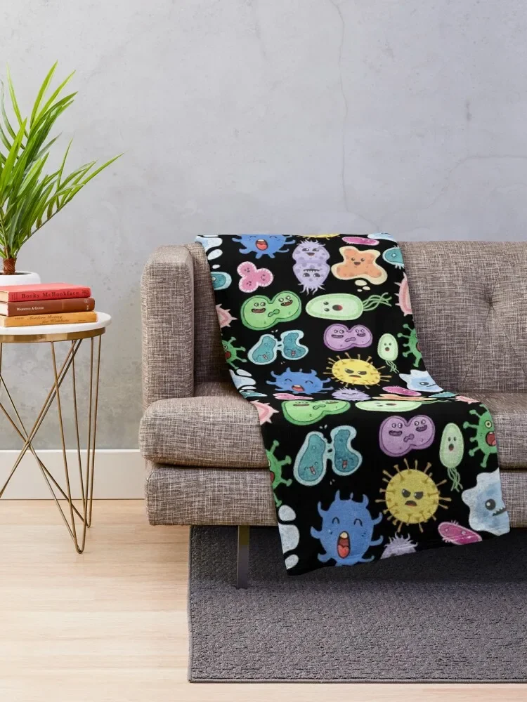 Cute Microbes Bacteria, Virus, Ecoli MicroBiology Seamless Pattern Sticker Pack. Throw Blanket Flannel Sofa Blankets