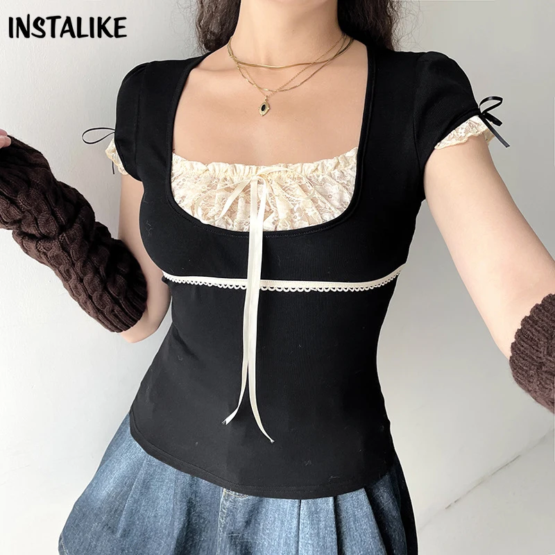 

InstaLike Ruched U Neck Bow Patchwork T Shirts Chic Vintage Casual Youthful Kawaii Chic Streetwear Tops Korean Fashion Harajuku