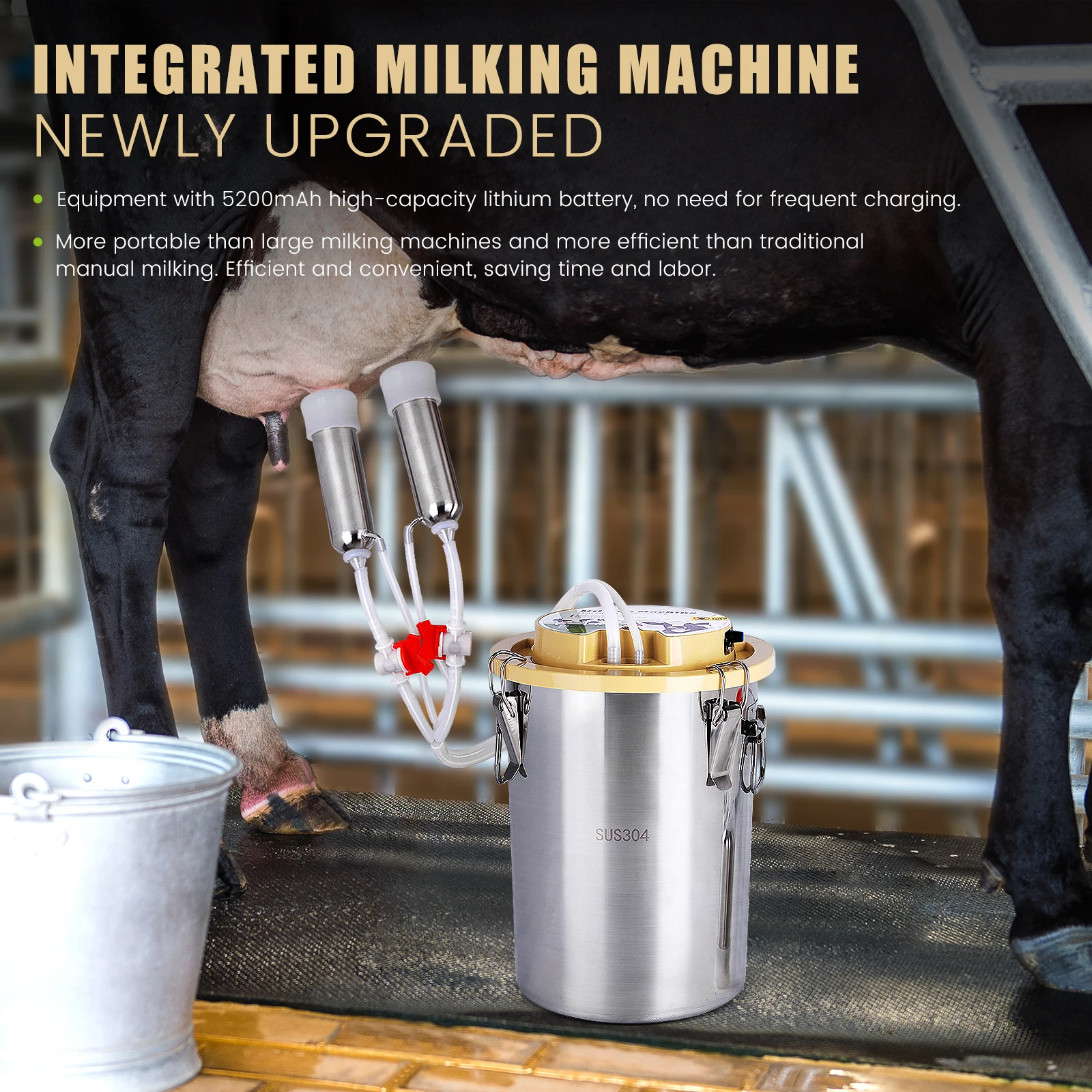 8L/12L/16L Cow Sheep Electric Integrated Milking Machine 304Stainless Steel Rechargeable and Plug-in Milking Machine for Cattle