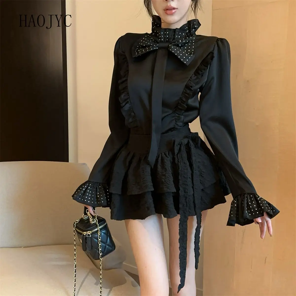 hot diamond satin shirt women's early spring bow semi-turtleneck top ruffle edge court shirt