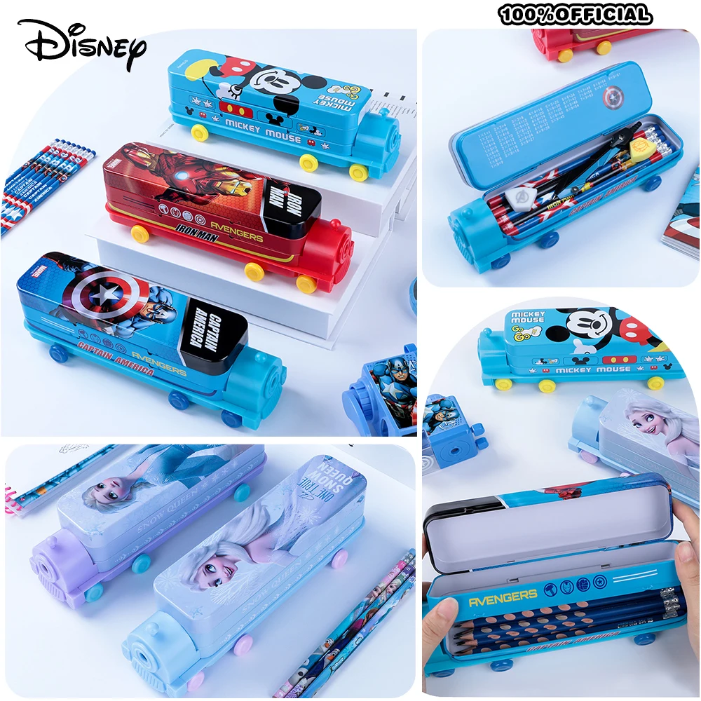 Genuine Disney Captain America Spider-Man Frozen Train Shaped Metal Pencil Case with Sharpener Stationery School Supplies Gifts