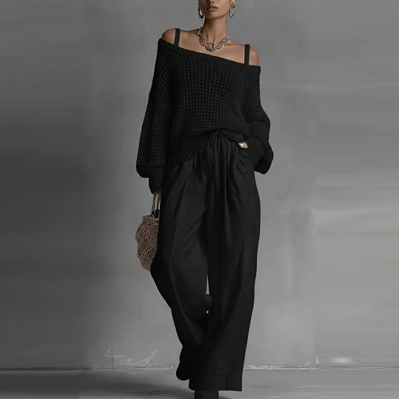 

Elegant Lady Pocket Pants Two Piece Set Chic Knitted Hollow Out Sweater And Pants Set Spring Summer New Solid Color Loose Outfit