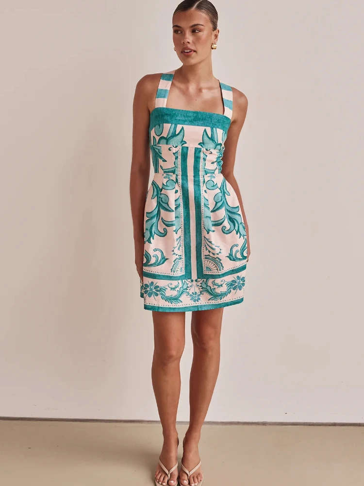 2025 sommer Mode Neue frauen Elegante Neue Gedruckt Böhmischen Kleid Kurze Urlaub Strap Hot Girl Sexy Farbe Blockiert Kleid
