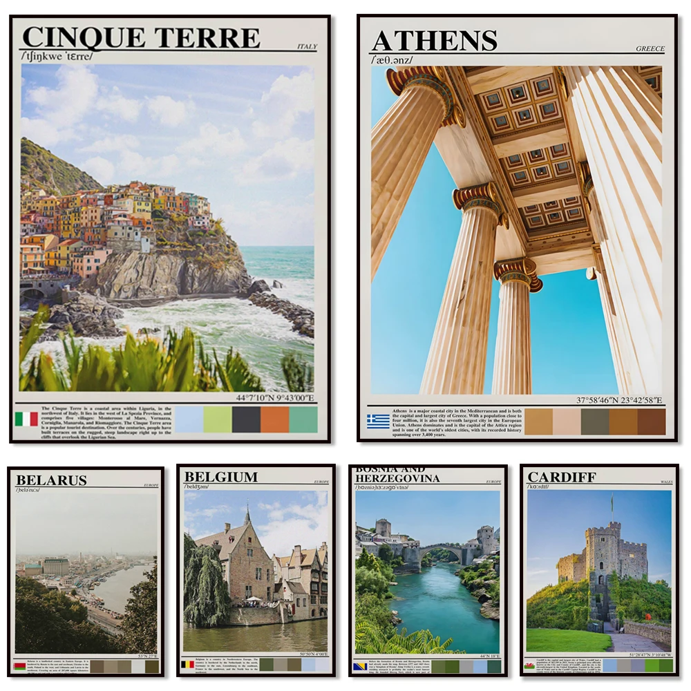 Europe Andorra, Athens, Belarus, Berlin, Belgium, Bosnia and Herzegovina, Brighton, Bristol, Cardiff, Cinque Terre travel poster