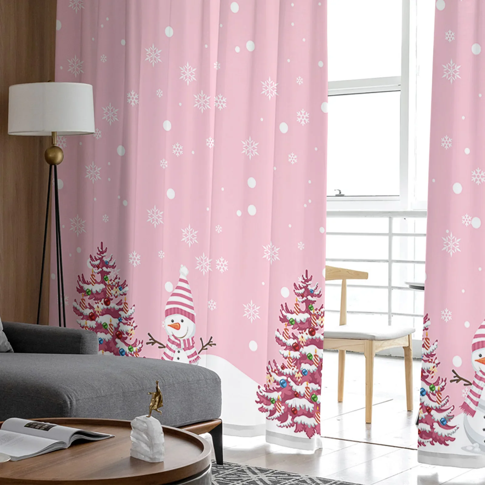 Imagem -03 - Tule Janela Cortinas para Sala Pink Snowman Árvore de Natal Home Decor Sheer Voile Cozinha