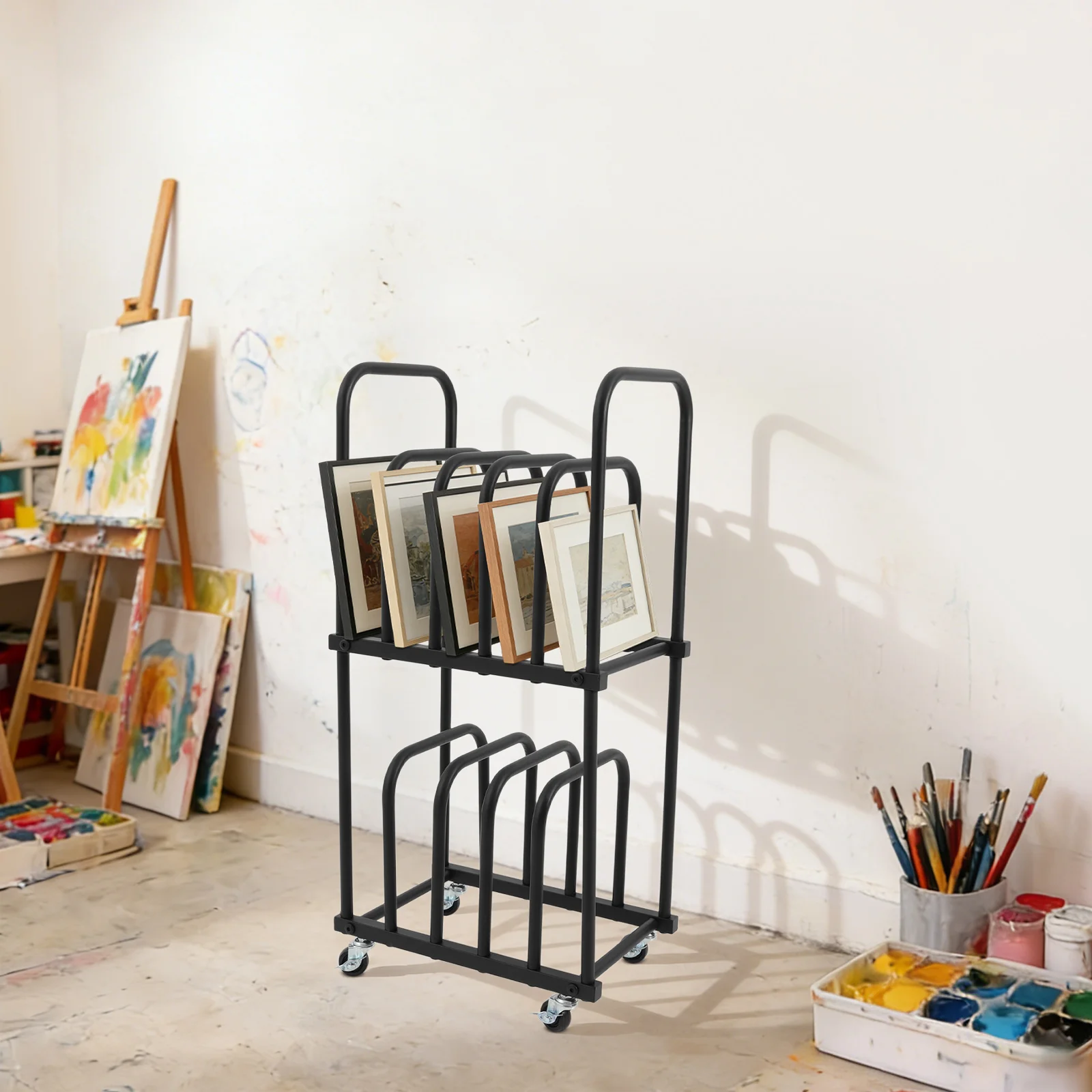 

Black Art Canvas Storage Rack, Iron Heavy-Duty Storage Stand with Wheels for Storing Oil Paintings, Plates, Frames, Art Boards