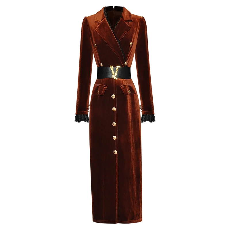 

Women's Gold Button Dress, Turn-Down Collar, Long Sleeve Sheath Dresses, Luxury Design, Fashion