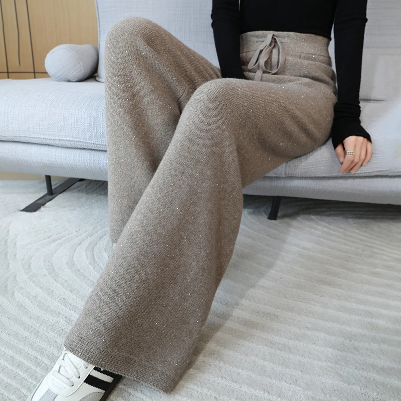 Autumn and winter women\'s 100% wool knitted wide leg pants with high waist and loose wool fashionable hot selling women\'s pants