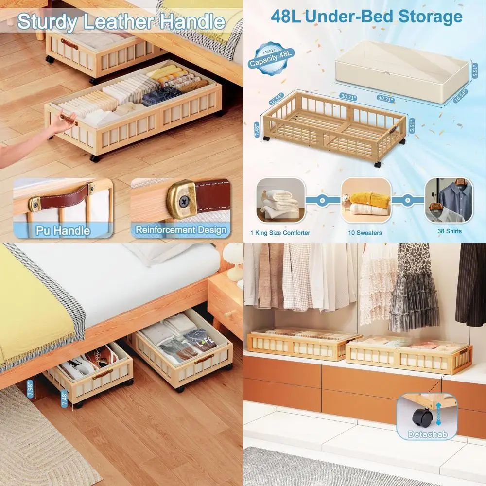 

Dual Bamboo Rolling Underbed Storage Bins with Dustproof Covers for Bedroom, Dorm, and Basement