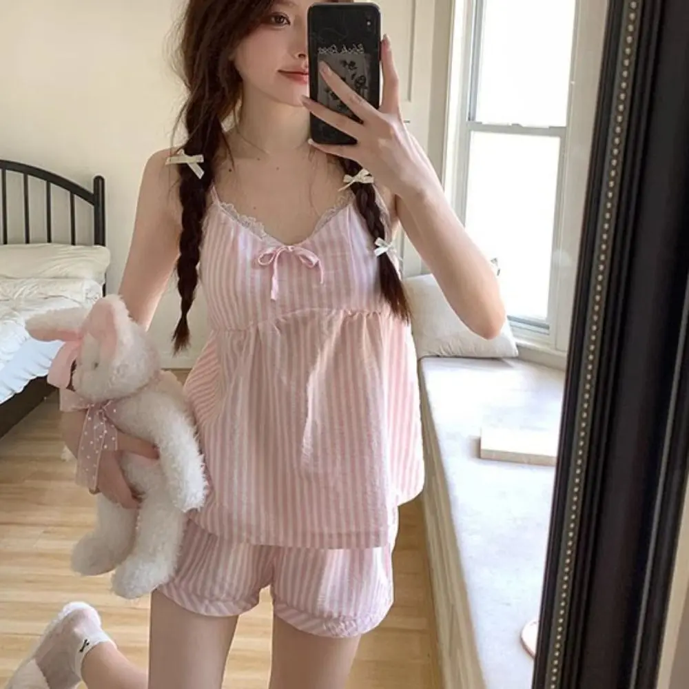 

Bowknot Lace Stripe Pajama Suit Slim Fit Loose Camisole Shorts Nightwear Sleeveless Women Sleepwear Two Pieces Pajama Sets