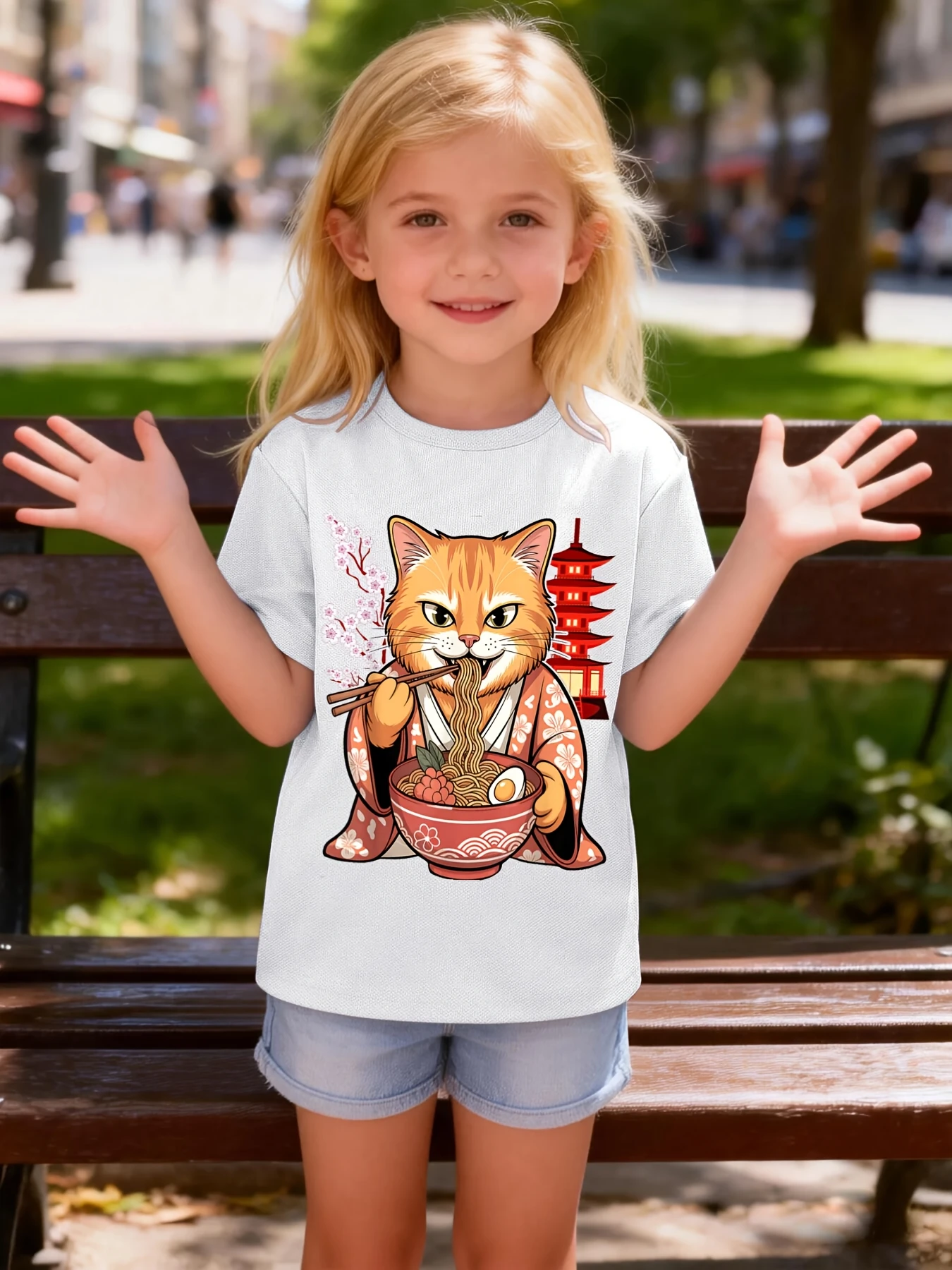 Cute Orange Cat Eating Ramen Japanese Pagoda Sakura Cartoon Graphic Print T Shirt Family Boys Girls Kids Short Sleeve Daily Tees
