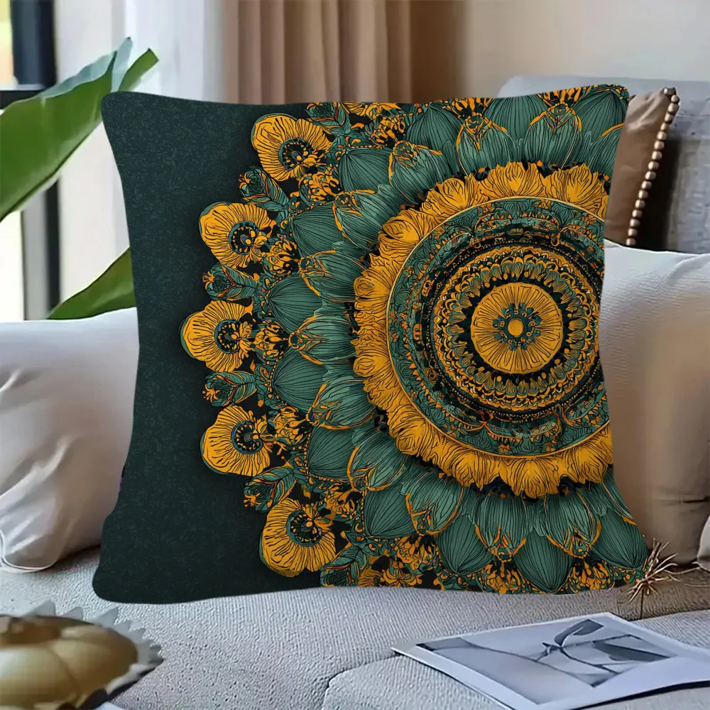 1pc Boho Sunflower Mandala Pillow Cover, Polyester 2D Double-Sided Print, Teal & Gold Floral Mandala Art, Bohemian Home & Car De