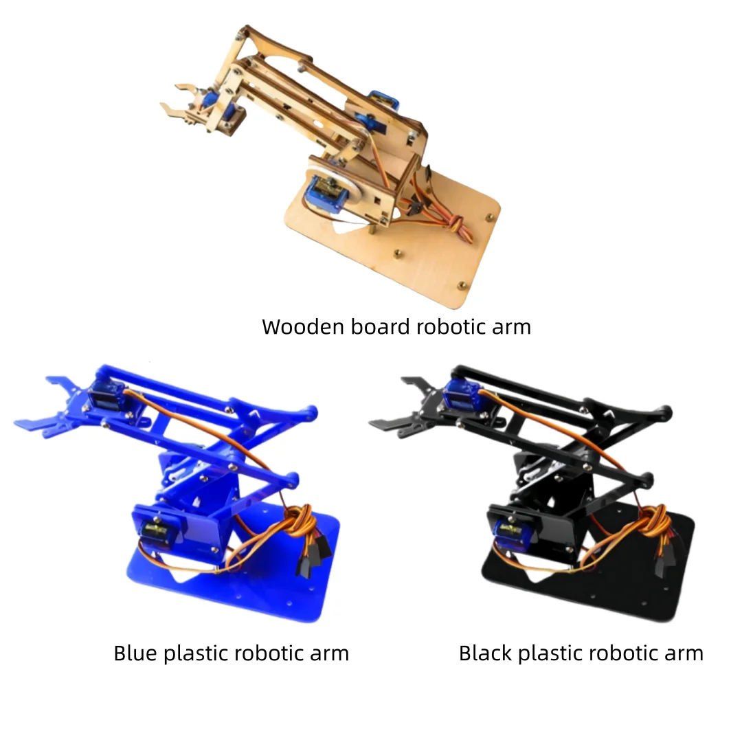 Wooden board/Blue plastic/Black plastic roboticarm Options are available with or without a SG90（90-180°）servo motor.