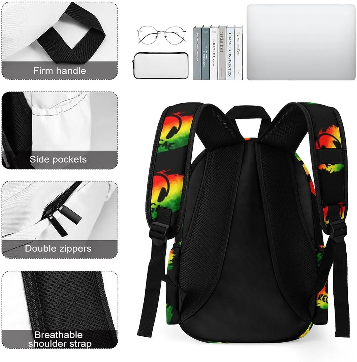 Reggae Music Jamaica Rasta Funny Backpack Travel Daypack Casual Shoulders Bag Large Capacity Laptop Bag Casual Daypack