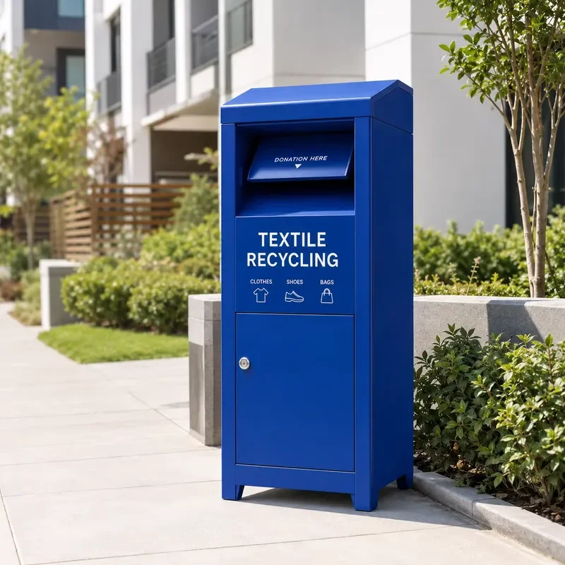 Outdoor Clothing Donation Bin Galvanized Steel Compact Textile Recycling Box Theft Knock Down Design for Community