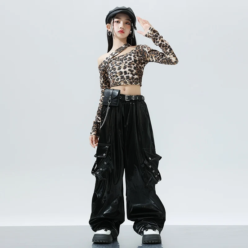 Jazz Dance Leopard Print Top Cargo Pants Children's Street Dance Outfit Hip-hop Suit Clothes Catwalk Show Costumes DQL9814