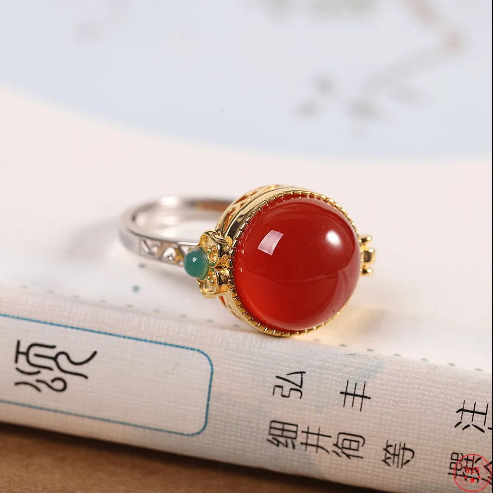 

100% Sterling Silver S925 Rings 2022 New Fashion Red Agate Adjustable Sachet Argentum Classic Hand Jewelry for Women