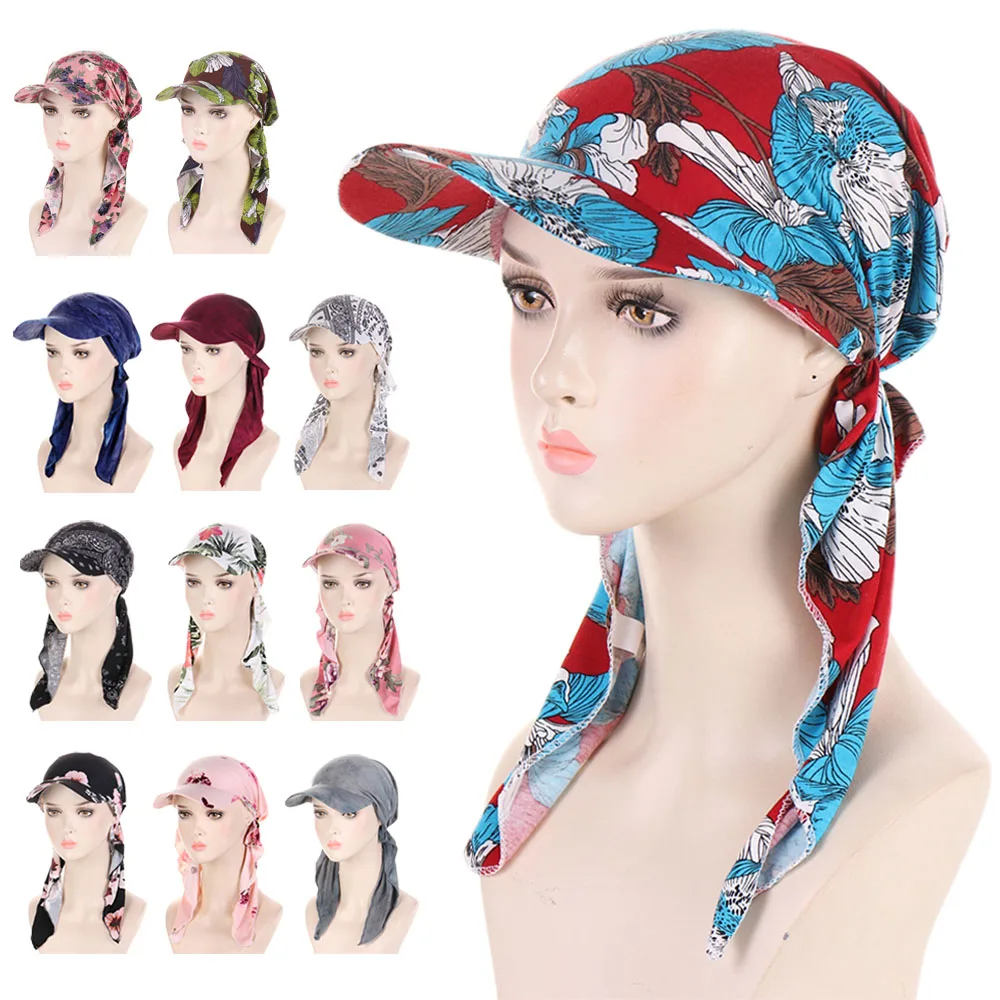 

2024 Print Pre-Tied Hat Women Muslim Long Tail Headscarf Hijab Turban Visor Chemo Cap Bonnet Hair Loss Head Wrap Turbante Mujer