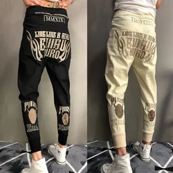 2021 New Summer Men's Embroidered Casual Fashion Cropped Pants Streetwear Khaki Demon Cargo Pants Black Fashion Lace-up Tights