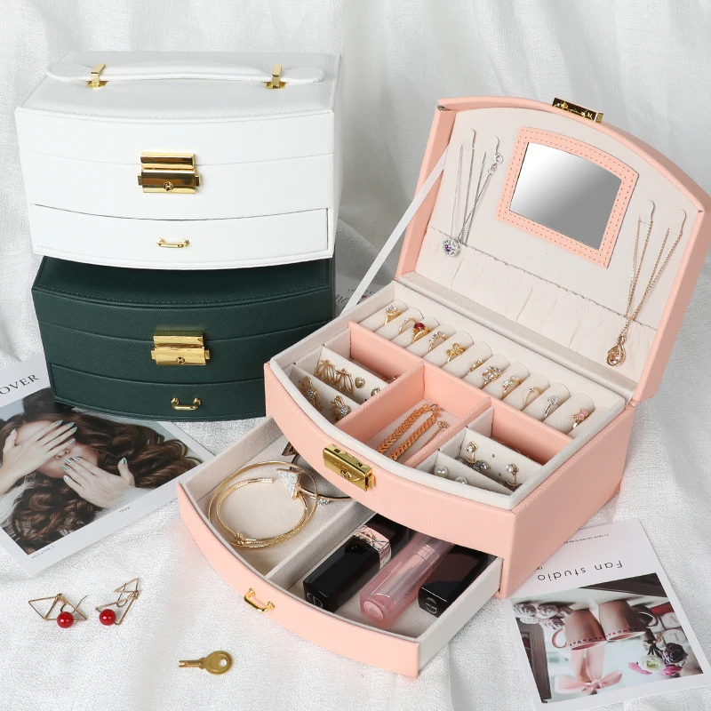 

High-End Leather Jewelry Storage Box Large Capaci Earring Stud Nelace Loable Vani Desk Hand Jewelry Organizer