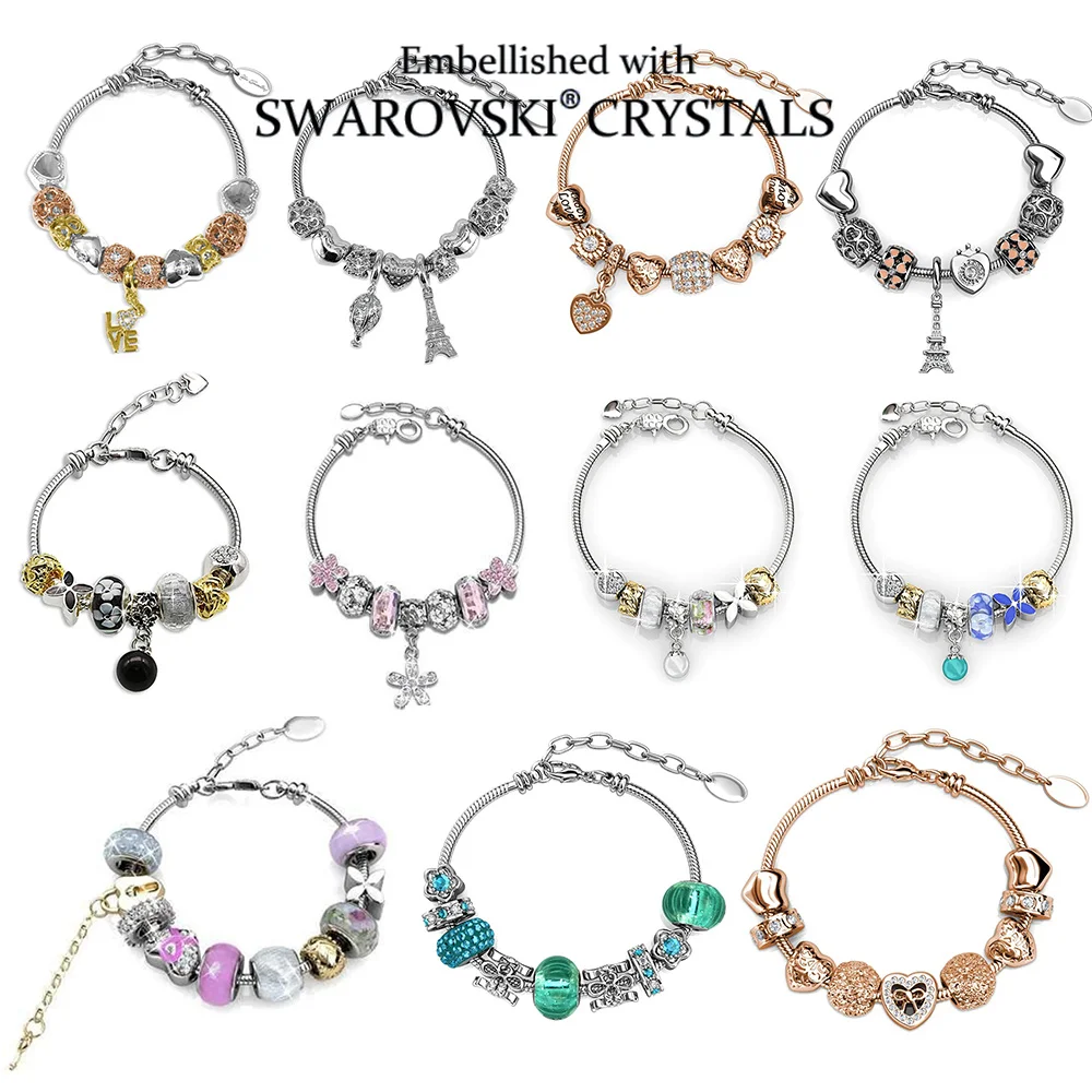 Daisini Shiny Crystals from Swarovski Love Heart Pendant Charm Bracelet Classic Crystal Stone Bead Bracelet Silver Gold Color