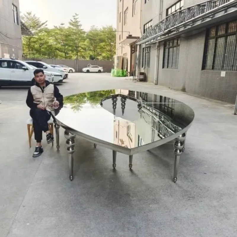 Smooth Luxury Wedding Table Wedding Furniture Silver Stainless Steel Table Oval Mirror Glass Table