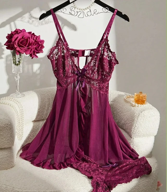 

Contrast Lace Nightgown Deep V Backless Bow Slip Dress Women Sexy See-Through Slit Lace Pajama 2-Piece Set With Thong
