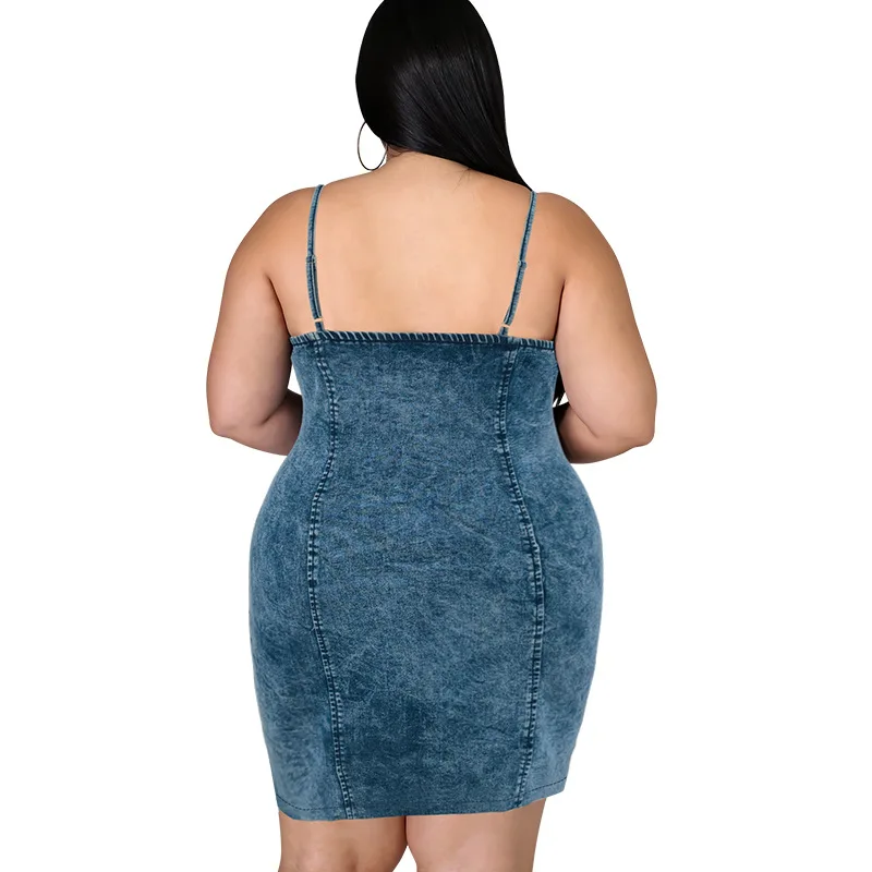 Robe en denim pour femmes, grande taille, sans col en fibre, boutons, extensible, dos nu, bretelles, robes courtes, 4XL, 5XL