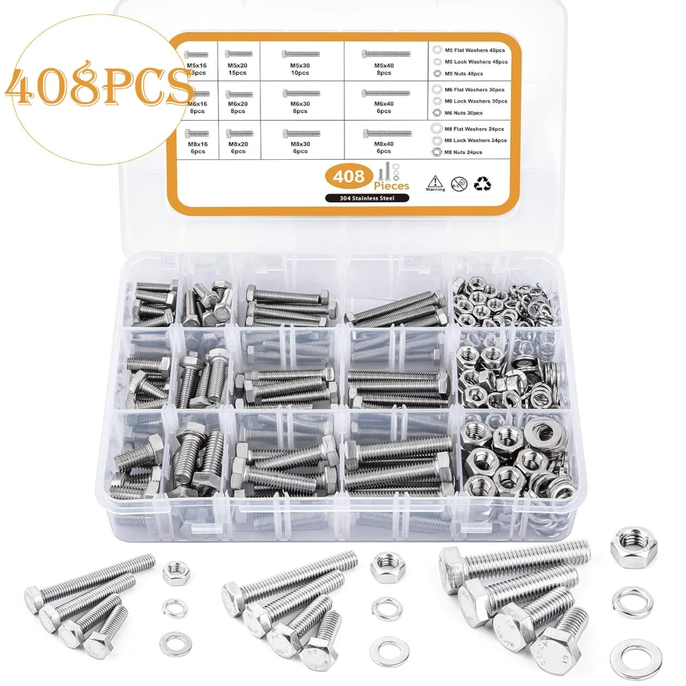 

84/200/408Pcs 304 Stainless Steel Hexagon Socket Bolts and Nuts Set M4 M5 M6 M8 Hexagon Screws Nut & Bolt Sets 16mm- 40mm
