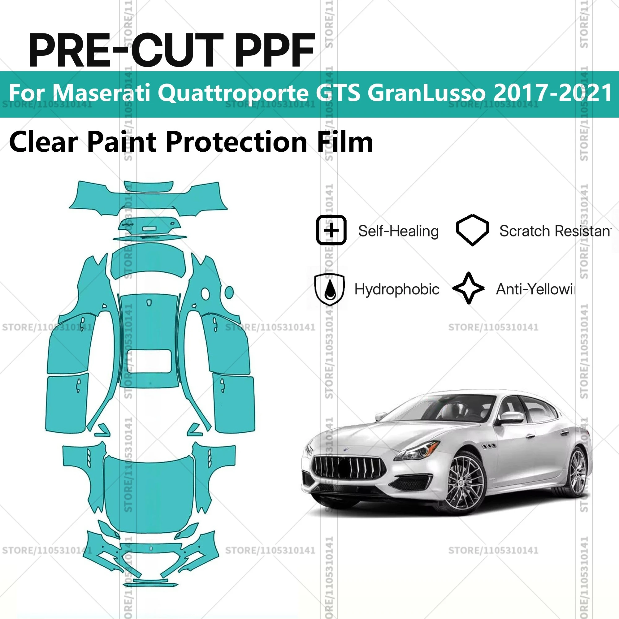 

Для Maserati Quattroporte GTS GranLusso 2017-2021: Предварительно вырезанная прозрачная защитная пленка PPF для автомобиля