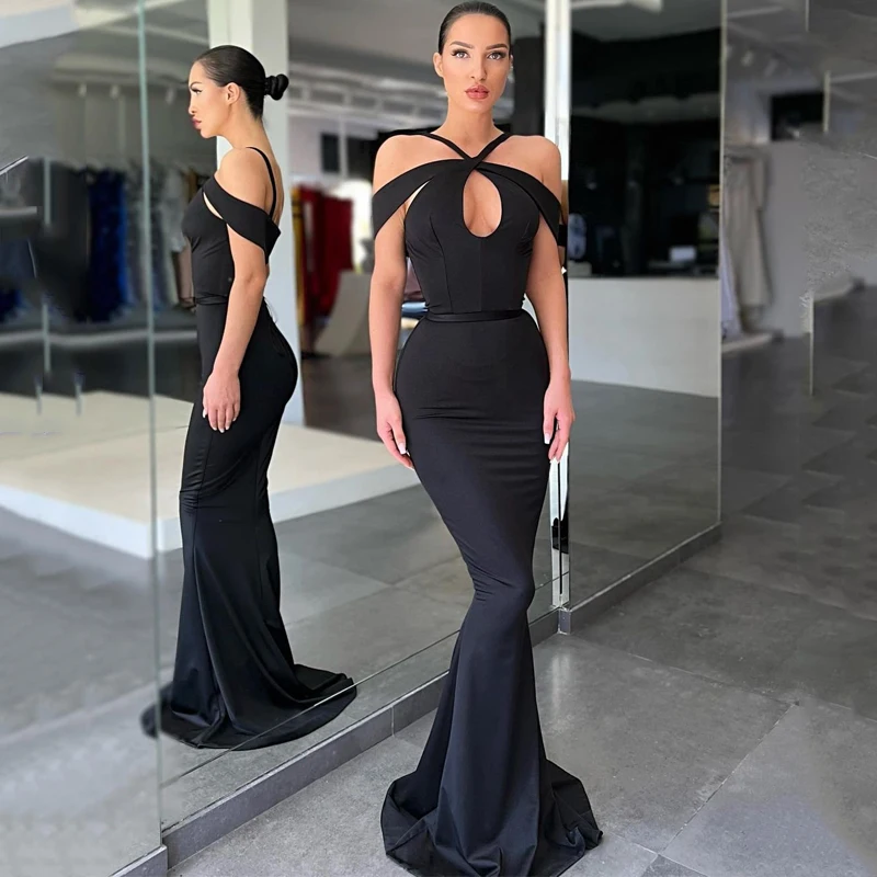 

Thinyfull Sexy Prom Evening Dresses 2022 Halter Neck Off Shoulder Party Dress Black Mermaid Floor Length Cocktail Gown Plus Size