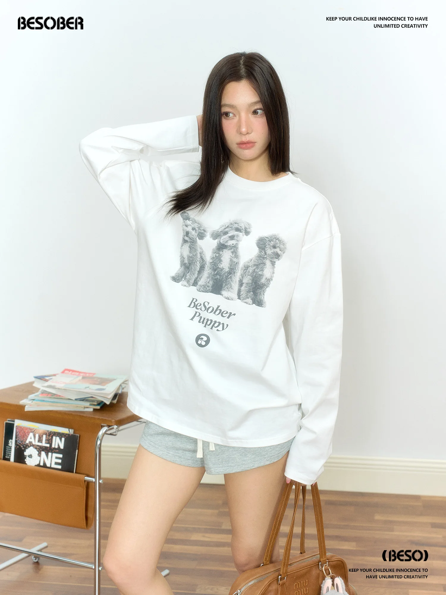 

BESOBER Original Dog Print Long Sve T-irt Women's Autumn Pure Cotton Loose Casual Sweatirt Versatile Korean Sle Top