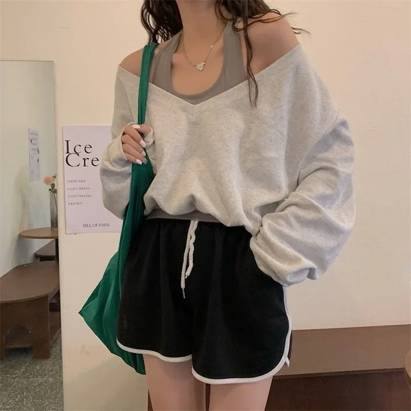 Fall Sweatshirt Women Harajuku Chic Ins Fake Two Piece Street Teens Outerwear Popular All-match Sexy Long Sleeve Cropped Clothes