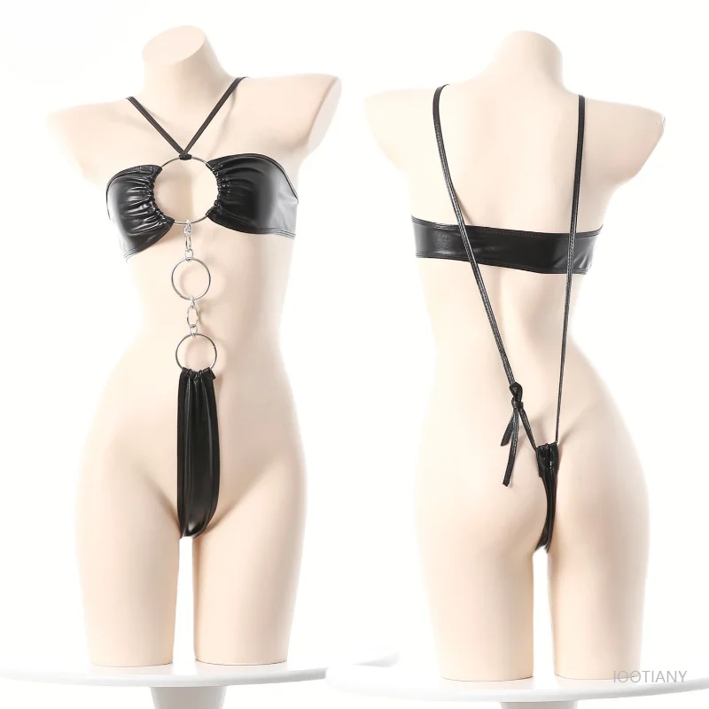 

Anime Sexy Hollow Sheer Halter Tights Adult Women's Patent Leather Lingerie Backless Pajamas Couple Game Role Playing Underwear