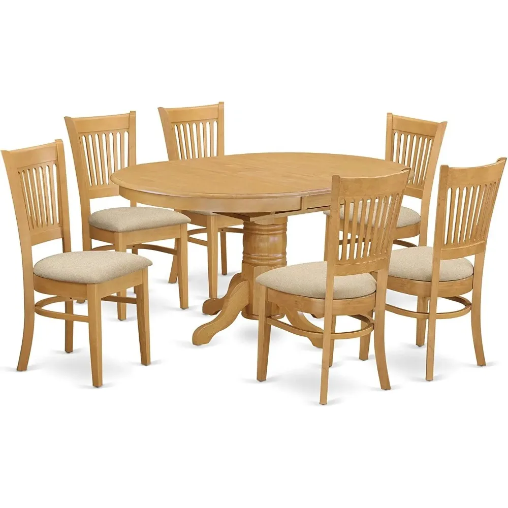 Mid-Century Dining Table Set- 6 Fantastic Dining Chairs with Linen Fabric Seat - A Wonderful Butterfly Leaf Round Dining Table